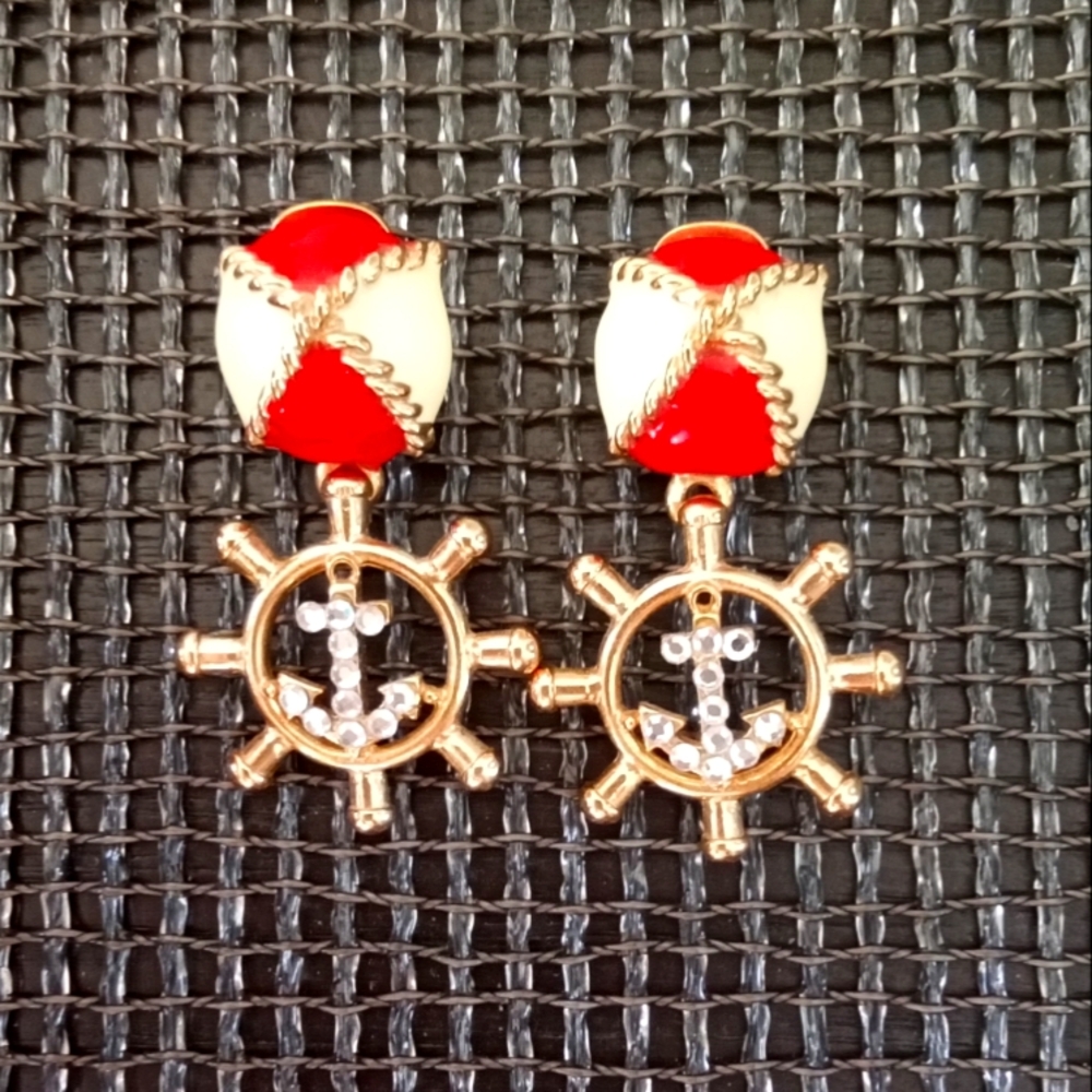 Nautical Red White Gold-tone Clip Earrings